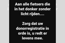 Politie waarschuwt fietsers zonder licht: "Zorg dat uw donorregistratie in orde is"